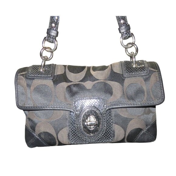 COACH Peyton Black Snake Embossed Leather and Signature Sateen Turnlock Flap Bag - Picture 1 of 13